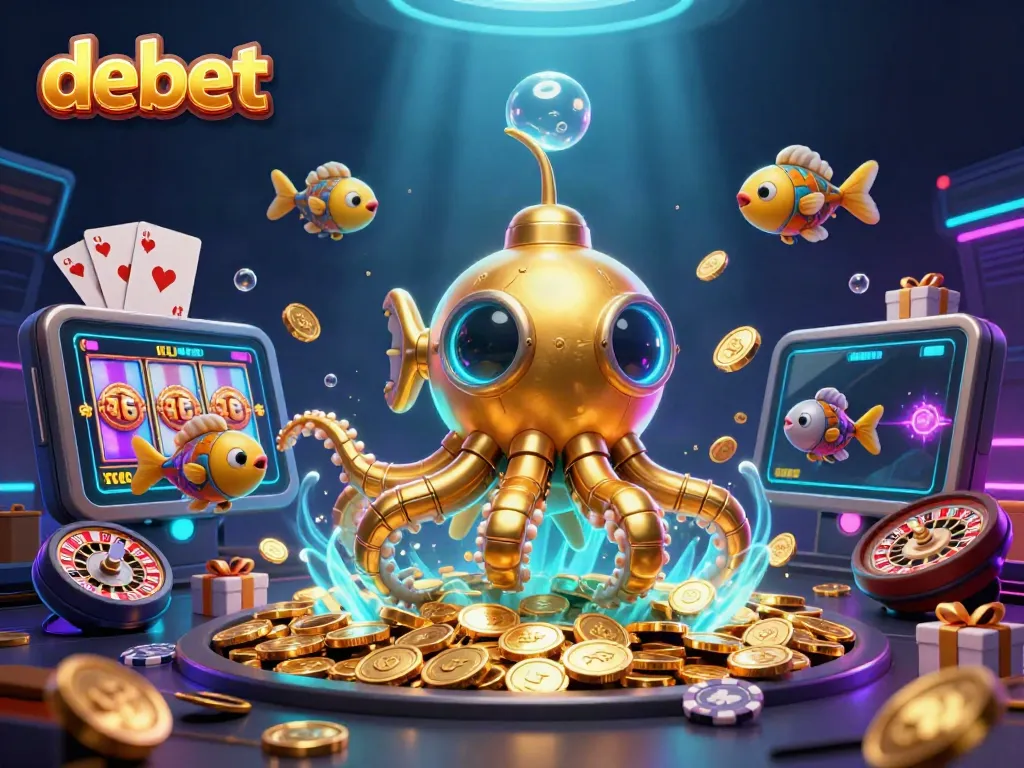 Experience thrilling gameplay with debet's vibrant casino world featuring a golden kraken and dynamic game elements.