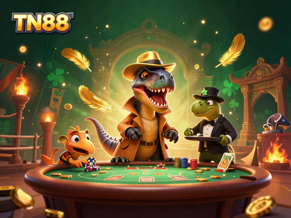 Experience thrilling gameplay at TN88's vibrant casino with stegosaurus and velociraptor characters.