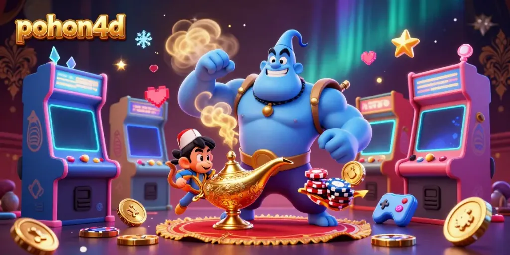 A vibrant scene with the pohon4d genie and monkey, surrounded by casino-themed arcade elements.