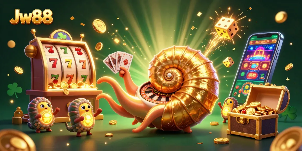 Experience the thrill of Jw88 with a 3D casino illustration showcasing games and excitement.