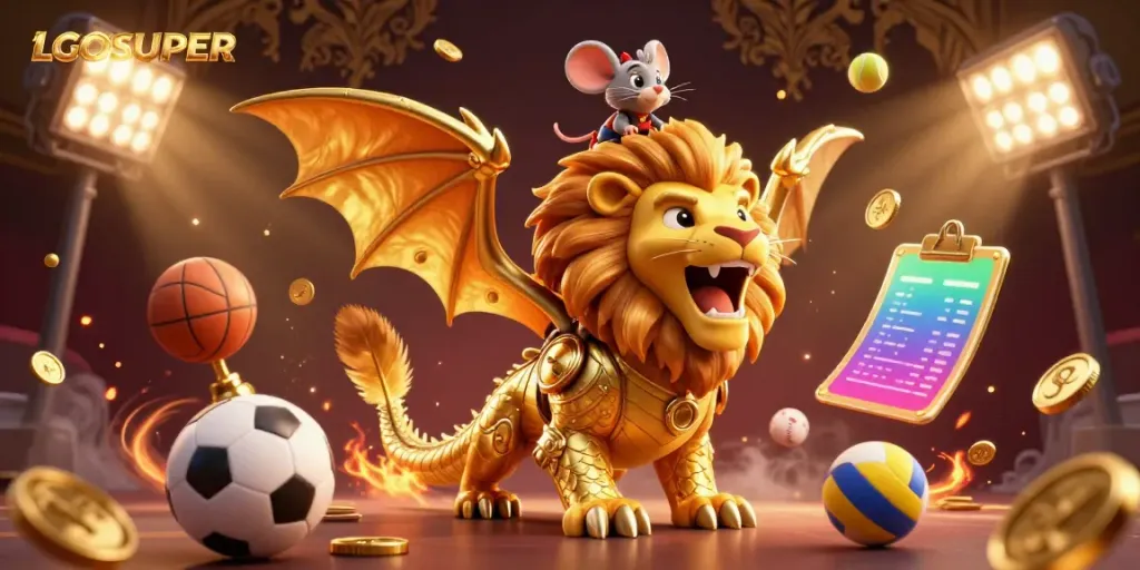 Experience the thrill of gaming at LGOSUPER with a golden chimera and brave mouse jockey amidst flying sports elements.