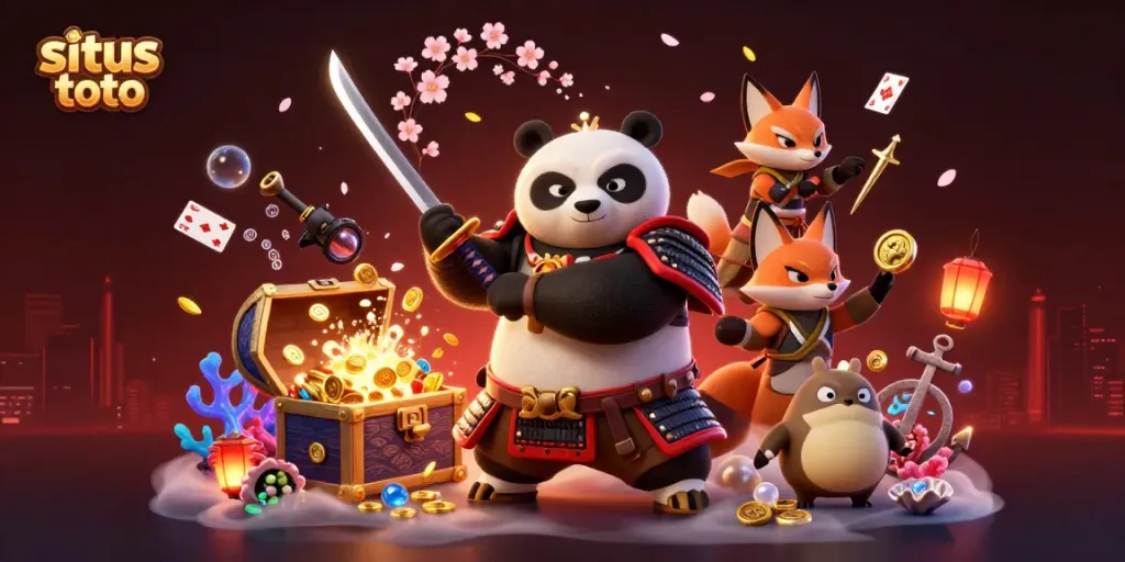 Engage with situs toto as a fierce panda samurai and ninja fox celebrate a jackpot in a lively casino scene.