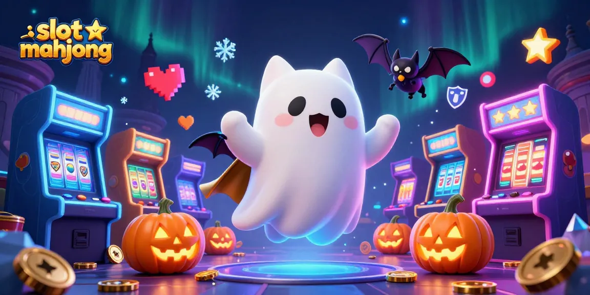 Permainan slot mahjong dengan karakter kucing hantu dan bat vampir dalam ilustrasi kasino yang menakutkan.