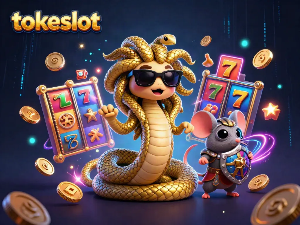 TokeSlot offers a thrilling gaming experience with cartoonish Medusa and warrior mouse amidst vibrant slot reels.