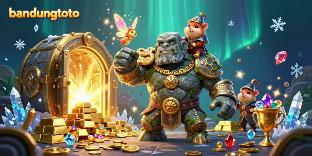 Experience the excitement of bandungtoto with magical characters and treasures in a vibrant 3D scene.