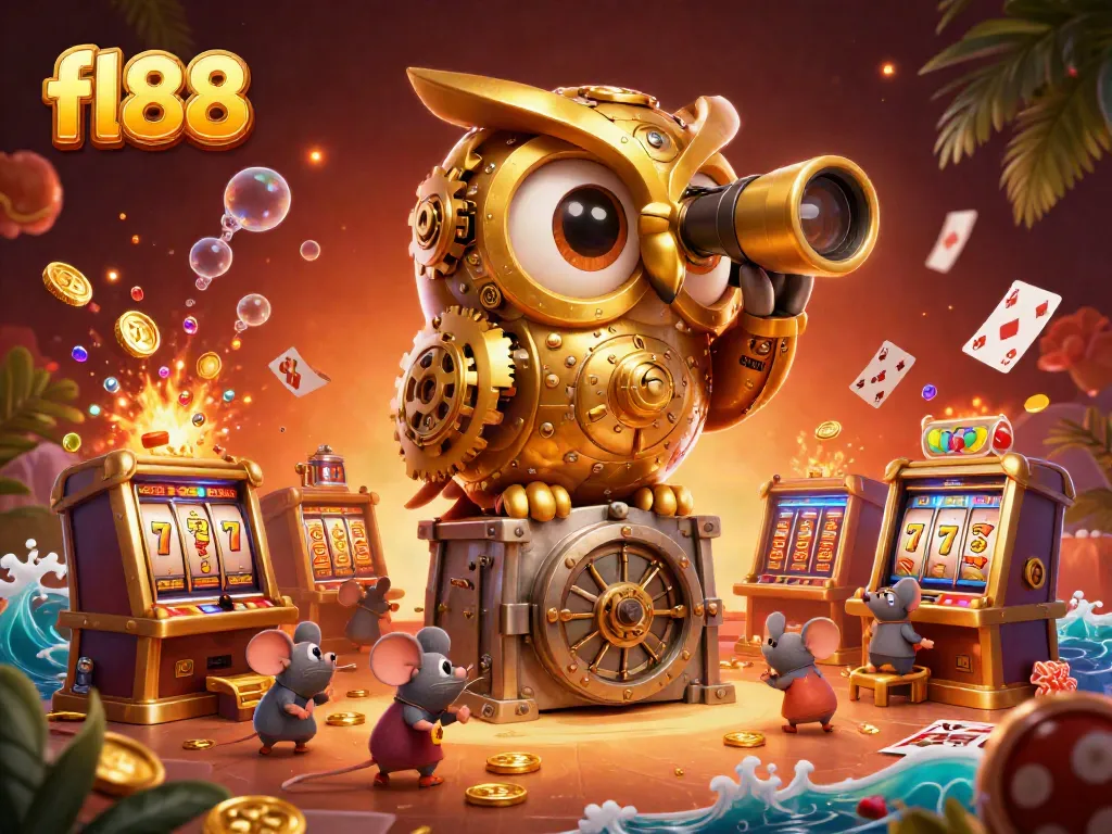 Spin and win at fl88 with a dynamic scene of a golden owl overseeing slot action amidst treasure-filled excitement.