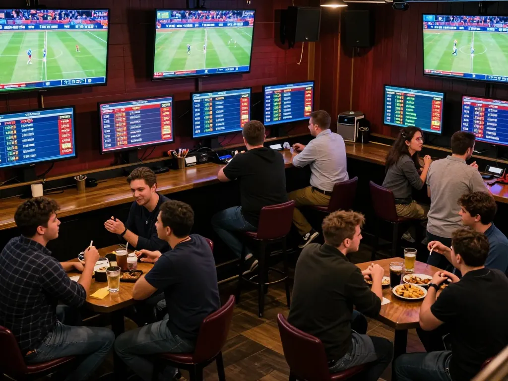 Engaged bettors actively placing bets at a lively sports bar while checking live odds at https://c168b.com/ creating an energetic atmosphere.