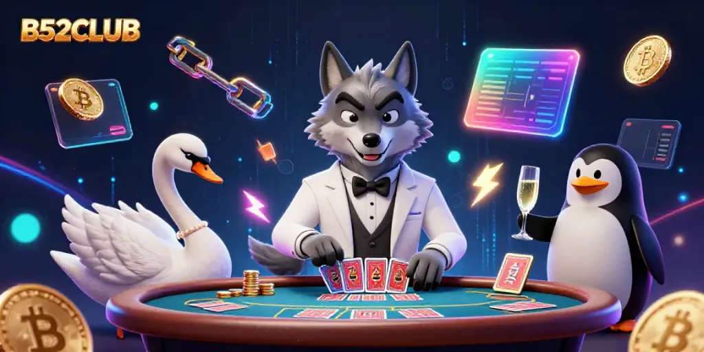 Experience the excitement of B52CLUB with dynamic casino characters at a baccarat table.