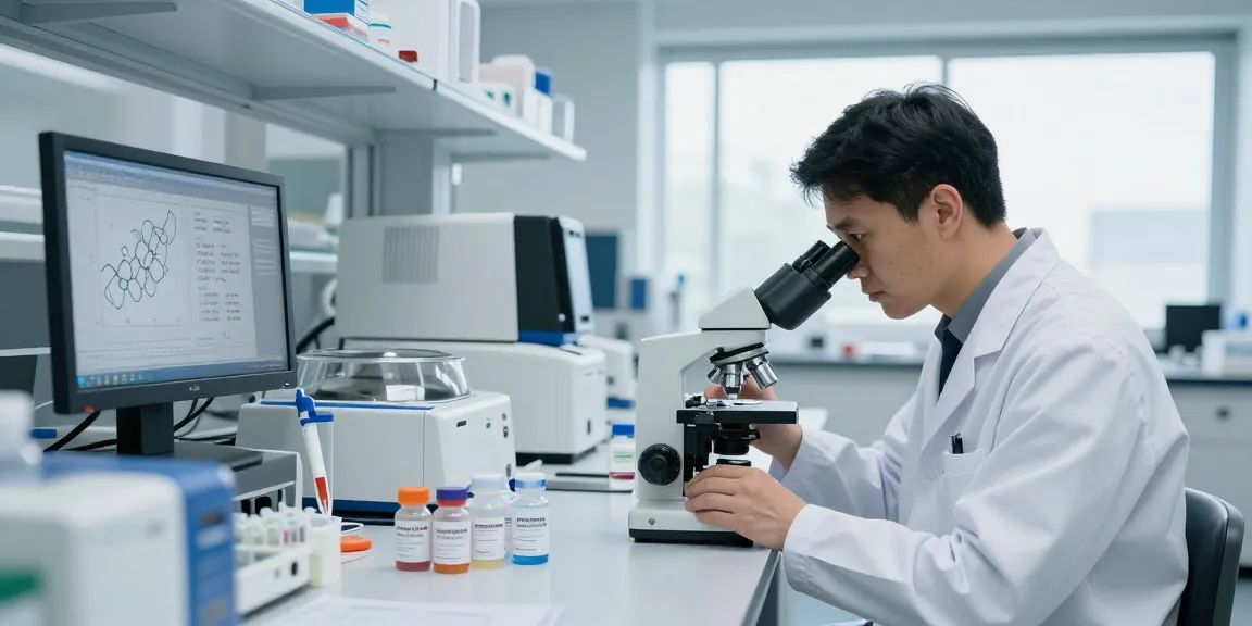 Ascension Peptides Review in a modern research lab, showcasing scientists analyzing peptide samples under controlled conditions.