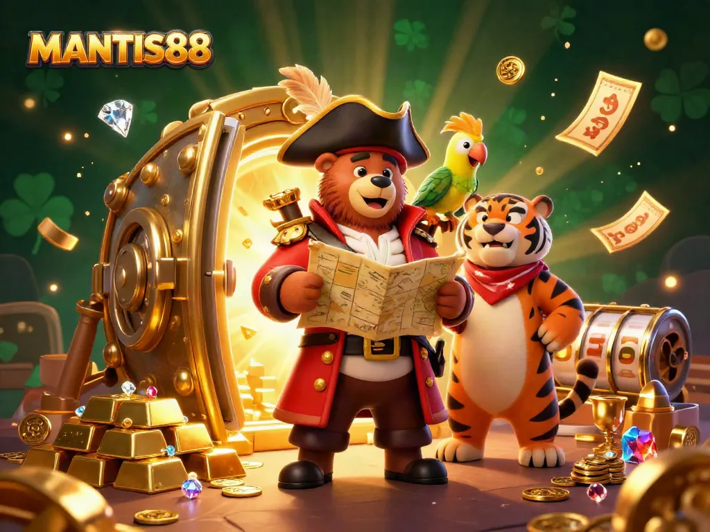 Play exciting games at MANTIS88 with this colorful pirate-themed digital illustration.