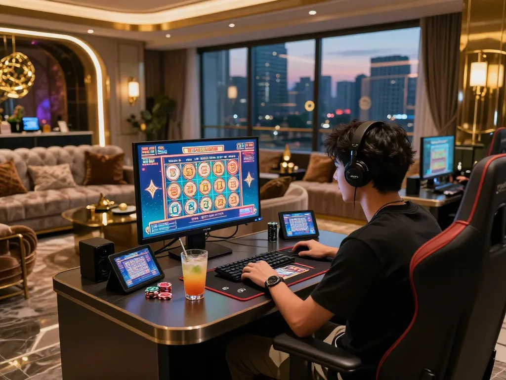 Seributoto, pemain di lounge gaming mewah sambil fokus pada layar permainan lotere dengan dekorasi elegan.