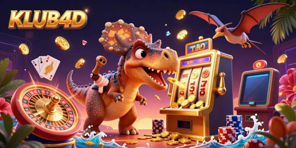 KLUB4D menang besar di mesin slot dengan karakter dinosaurus lucu di kasino.