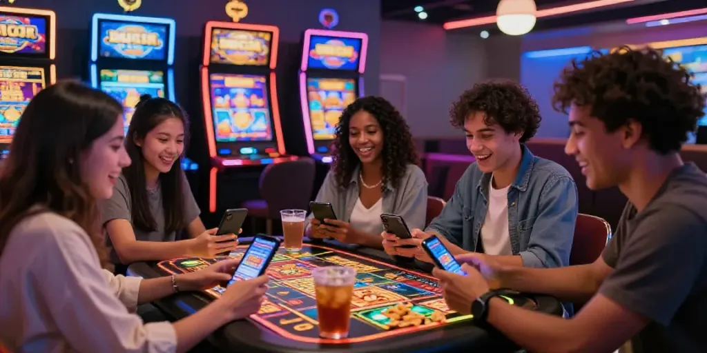 Akuarium slot gacor dengan teman-teman bermain slot di kasino online, suasana ceria dan penuh warna.