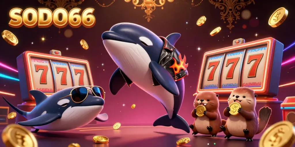 SODO66 showcases a vibrant casino scene with an orca in a biker jacket, a stingray, and sea otters with coins in an exciting environment.