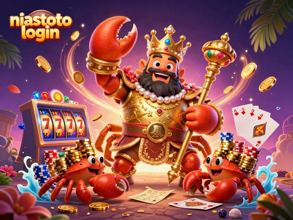 Gambarkan niastoto login sebagai ilustrasi 3D yang kaya dengan simbol perjudian dan karakter menarik.