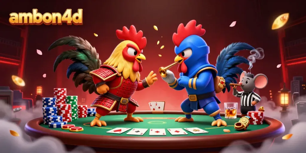 Experience thrilling gameplay with ambon4d showcased through an engaging 3D rooster battle, rich in casino elements.