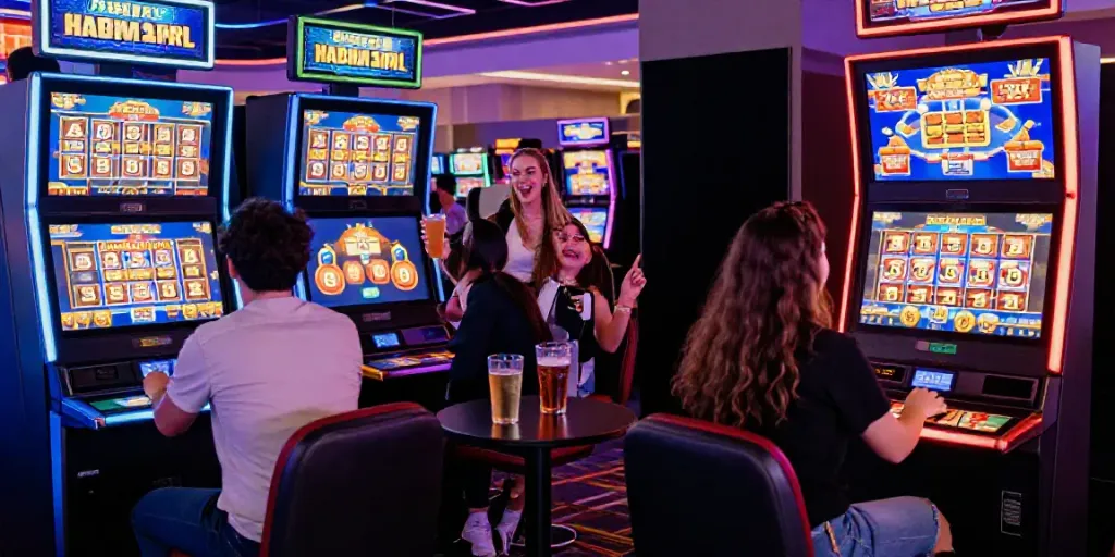 Teman-teman bersenang-senang bermain mesin Harumslot di kasino dengan cahaya neon cerah dan suasana meriah.