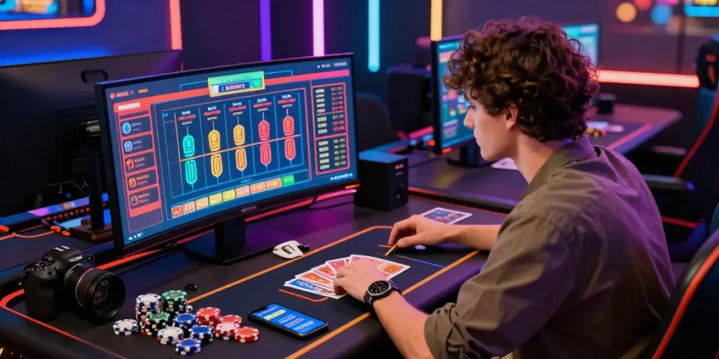 Seributoto - Pemain togel online terlibat dalam permainan dengan grafik warna-warni di layar besar.