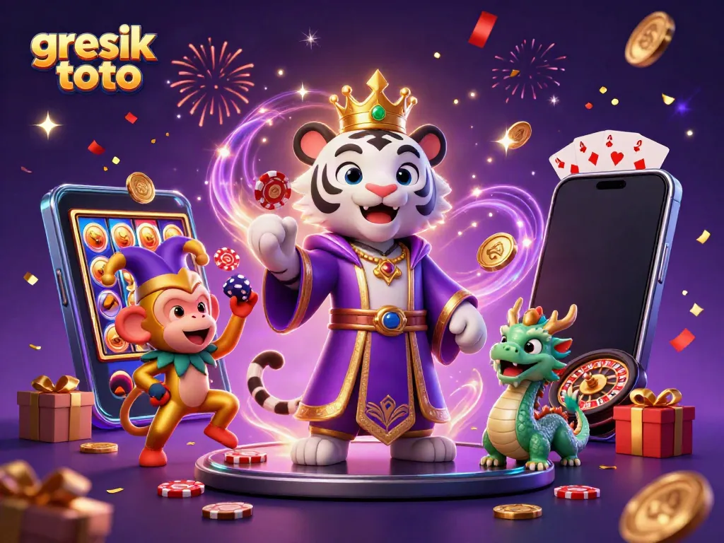 Jelajahi keseruan gresik toto dengan harimau kartun dan monyet menghibur dalam adegan kasino.