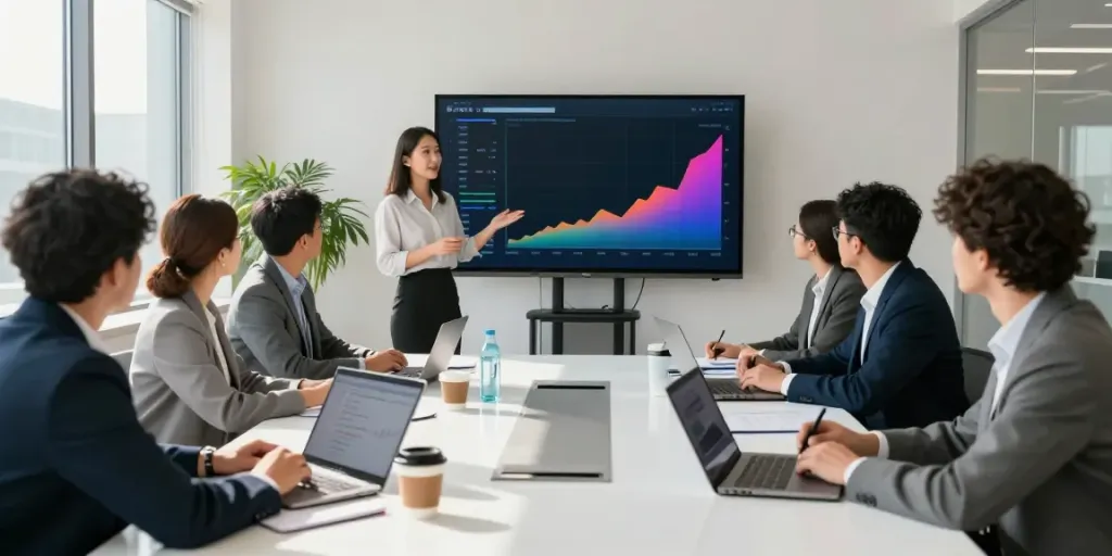 Tim profesional terlibat dalam pertemuan bisnis tentang alexistoto di ruang konferensi modern.