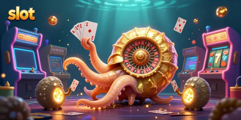 Engaging scene showcasing a slot-themed 3D nautilus holding cards, amidst vivid game elements.