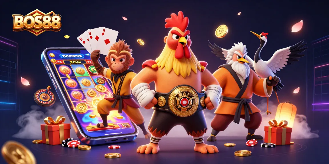 Bermain slot seru di BOS88, dengan karakter ayam Muay Thai, monyet Shaolin, dan master bangau dalam suasana kasino yang megah.
