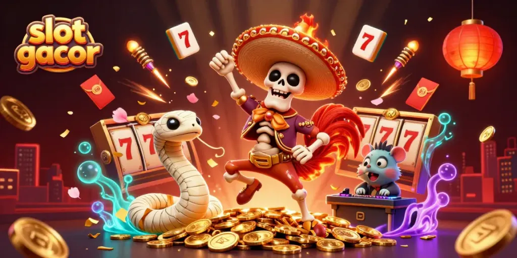 Spin the slot gacor in a thrilling casino scene with vibrant characters celebrating wins.
