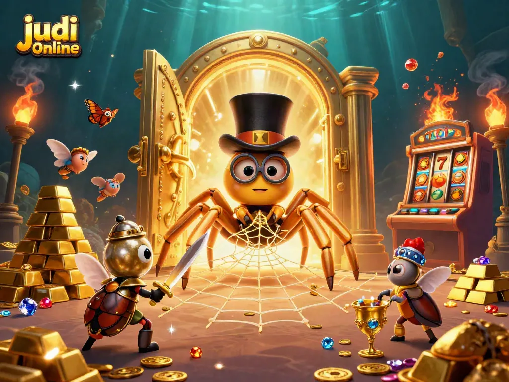 Experience thrilling judi slot online action with a giant golden tarantula and a brave beetle knight.