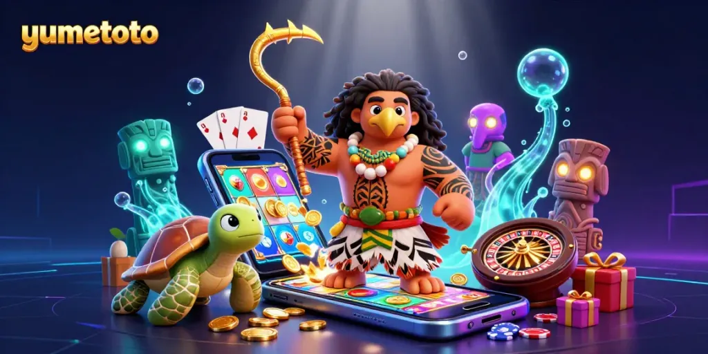 Play lottery games at yumetoto with detailed visuals of golden fish hook, slot reels, and vibrant designs.