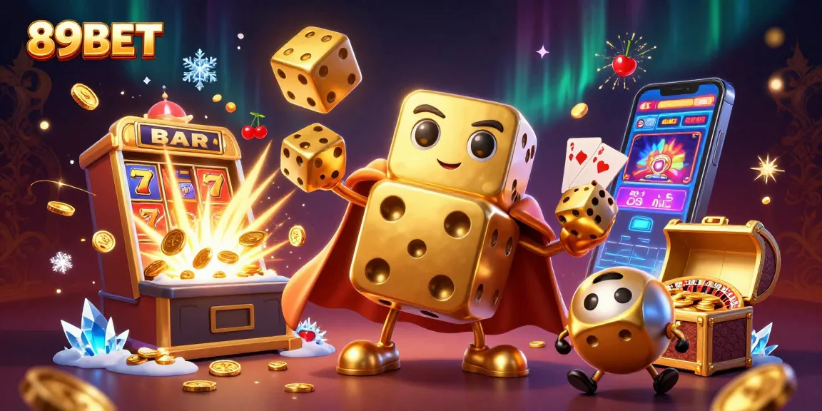 89BET showcases an exciting casino experience with a golden dice golem and jackpot explosions in a vibrant illustration.