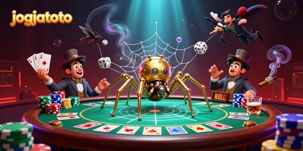 Engage with jogjatoto in a vibrant, immersive 3D casino scene showcasing poker elements and gaming excitement.