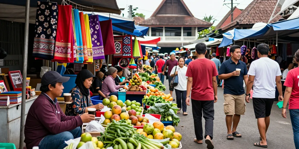 Leci123 Daftar di pasar lokal Indonesia, menampilkan penjual dan pengunjung yang berdiskusi.
