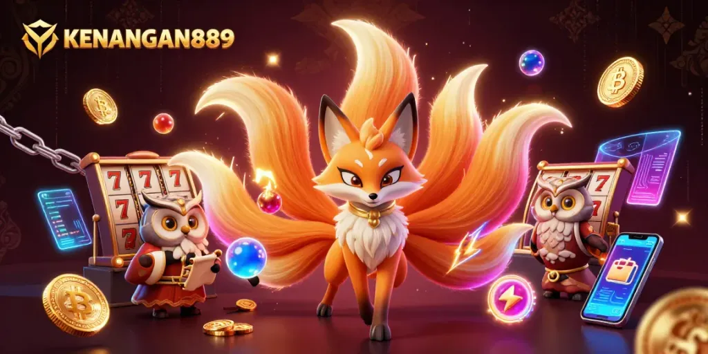 Play slots and enjoy the thrill of KENANGAN889 with colorful fox spirit and glowing coins.
