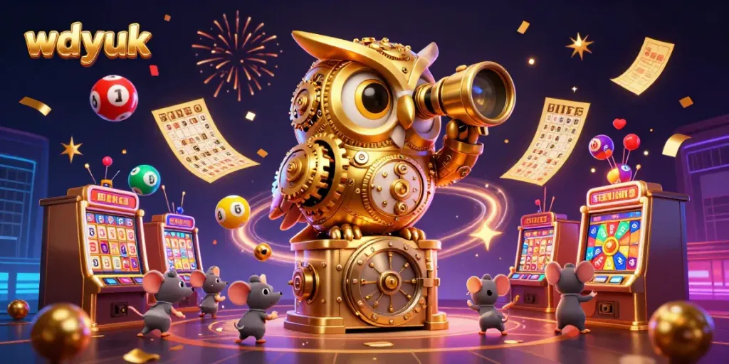 The wdyuk platform showcases a 3D golden owl overseeing animated lottery elements and casino excitement with vibrant colors.