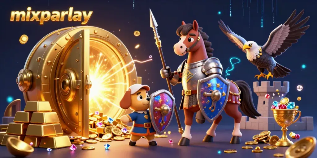 Gambaran 3D mixparlay dengan kesatria berkuda, anjing squire, dan falcon, dikelilingi harta berkilauan.