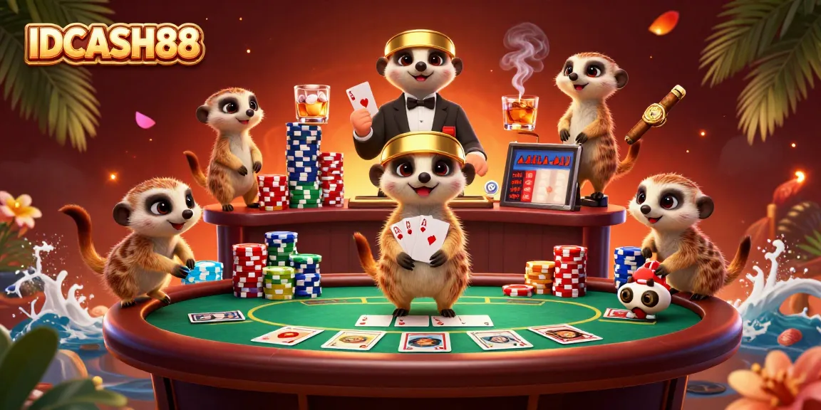 Experience the excitement of IDCASH88 with a dynamic meerkat casino scene featuring poker action.