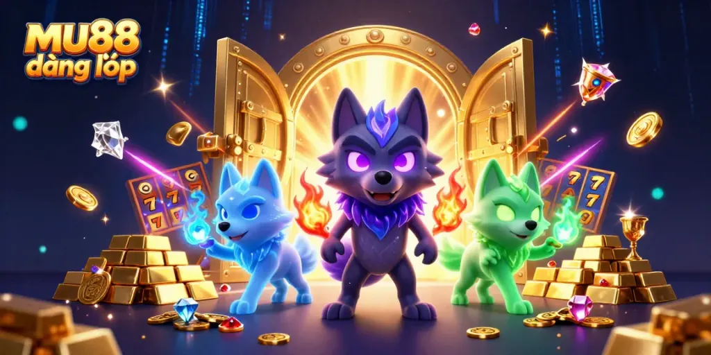 Experience mu88 đăng nhập with winning slots, treasure, and lively spirit wolves in a vibrant casino scene.