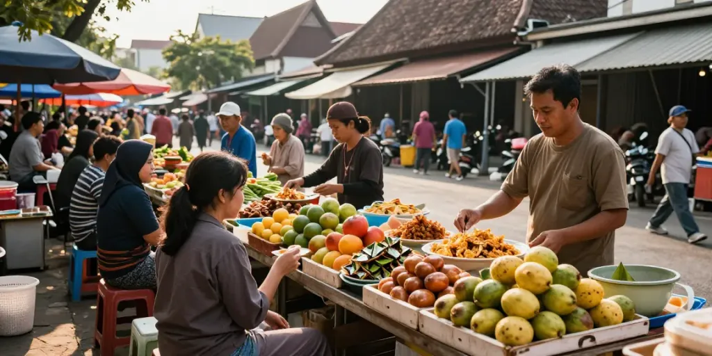 Suasana pasar Cirebontoto yang ramai, pedagang lokal menjajakan makanan tradisional dan buah segar.