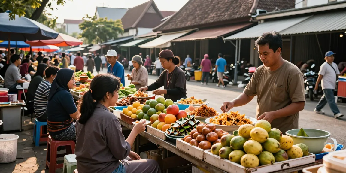 Suasana pasar Cirebontoto yang ramai, pedagang lokal menjajakan makanan tradisional dan buah segar.