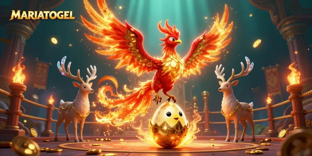 MARIATOGEL showcases a dynamic scene of a fiery phoenix rising, radiating excitement and luck in online betting.