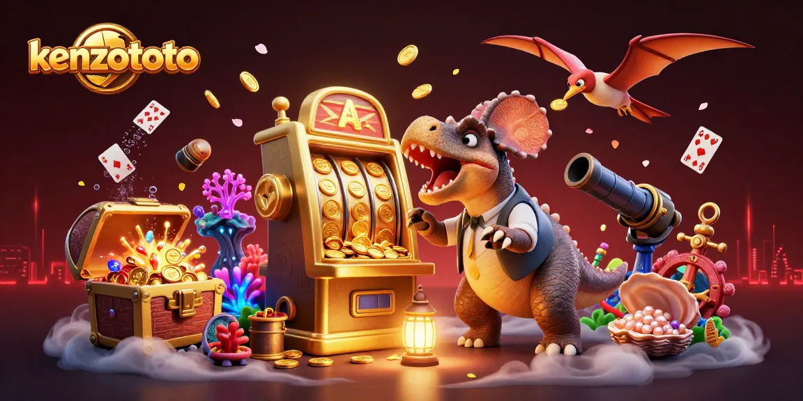 Permainan kenzototo menampilkan dinosaur yang mengalahkan mesin slot dengan koin bersinar jatuh dari atas