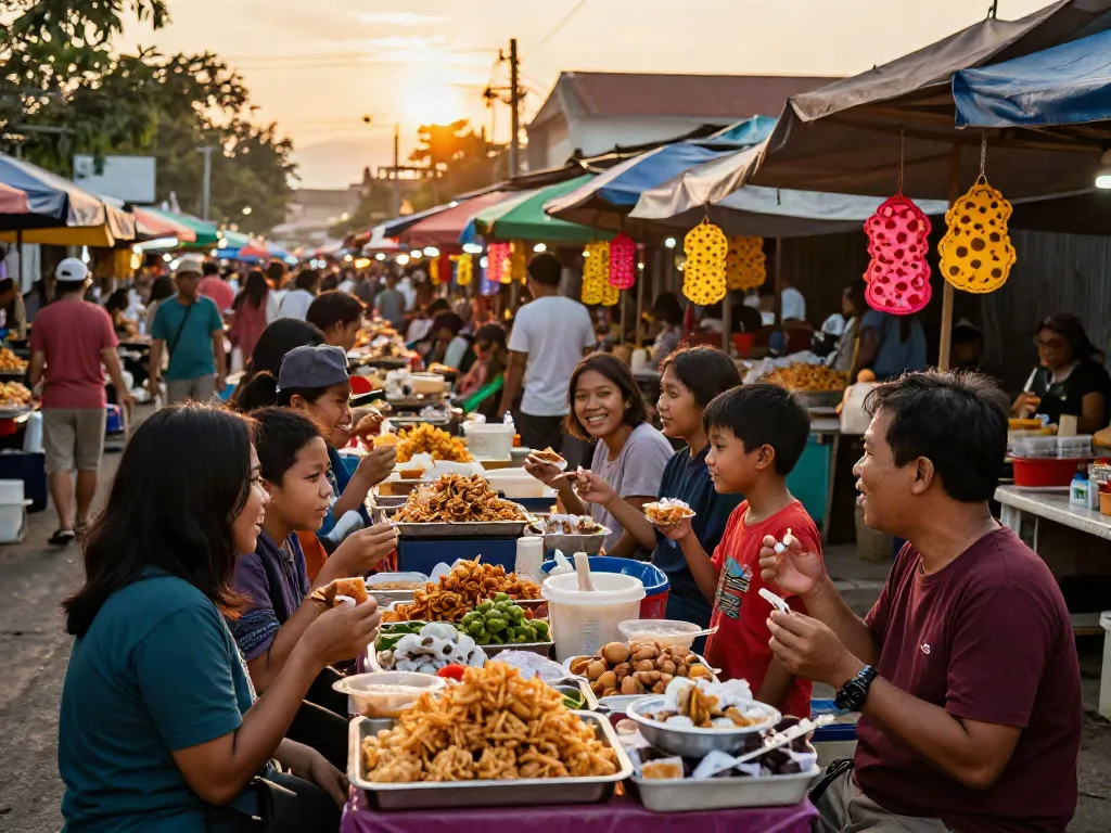 Pasar malam Indonesia yang ramai dengan penjual jebolwd dan pelanggan menikmati makanan tradisional.