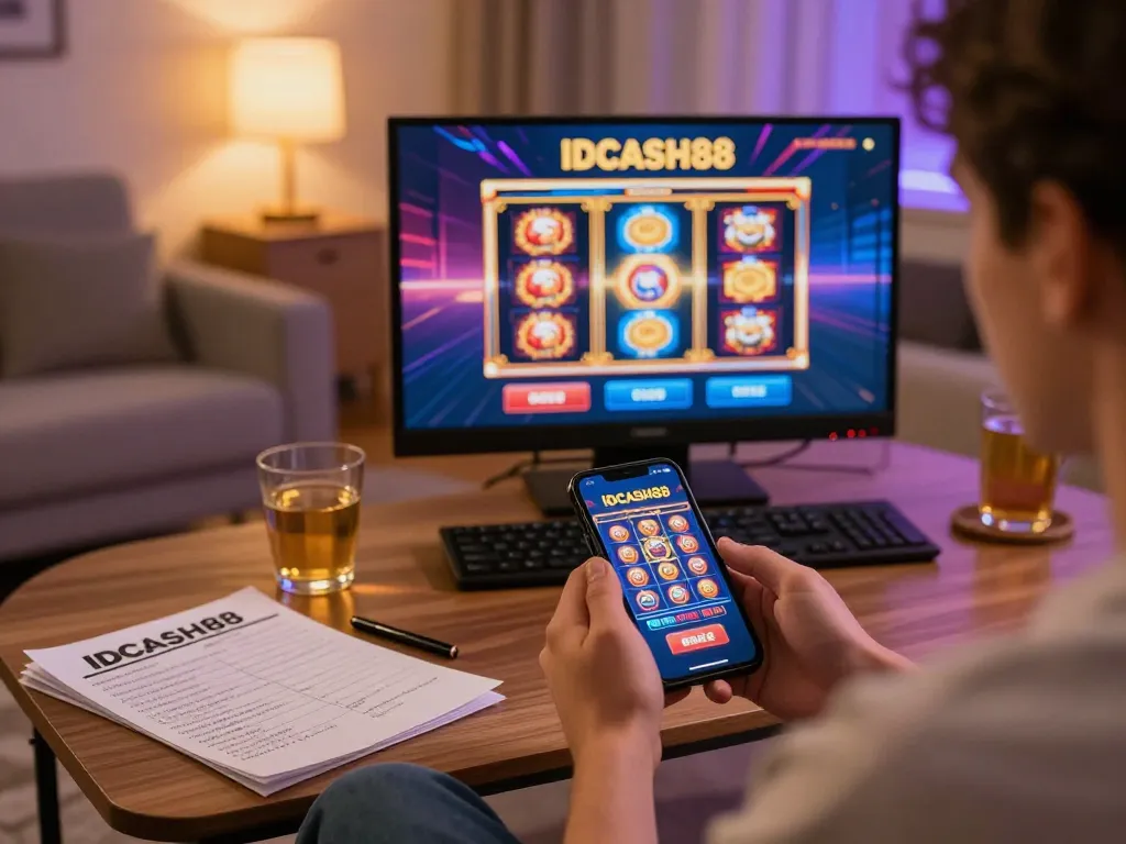 IDCASH88 player strategizing while enjoying online gambling from home.