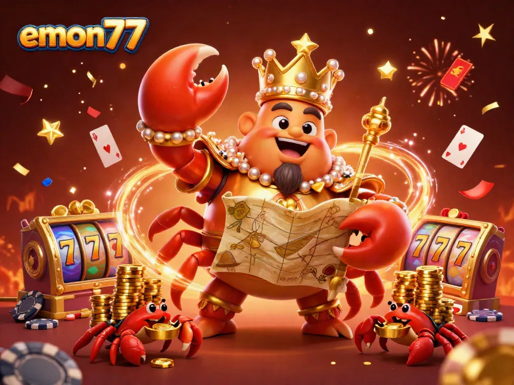 Experience emon77’s vibrant casino world with a golden crab emperor leading the celebration with treasures and games.