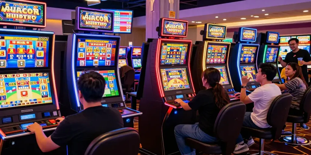 Atmosfer meriah di BANDARTARUHAN168 dengan pemain slot gacor yang merayakan kemenangan besar.