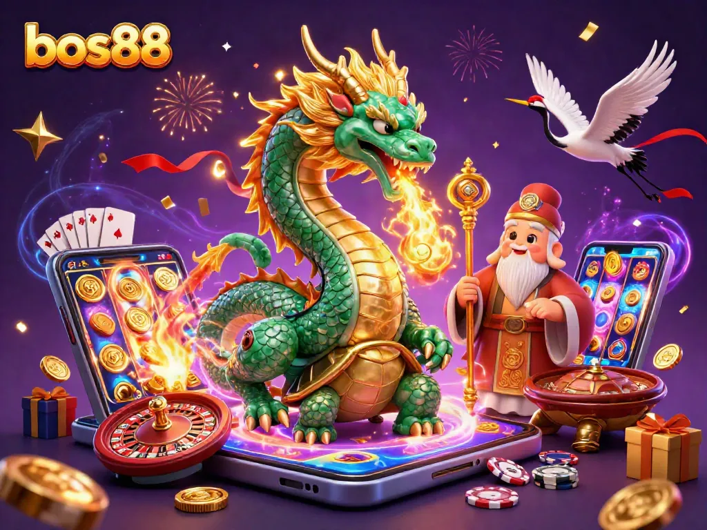 Experience the thrill of bos88 with a jade dragon and lucky symbols amidst vibrant casino games.