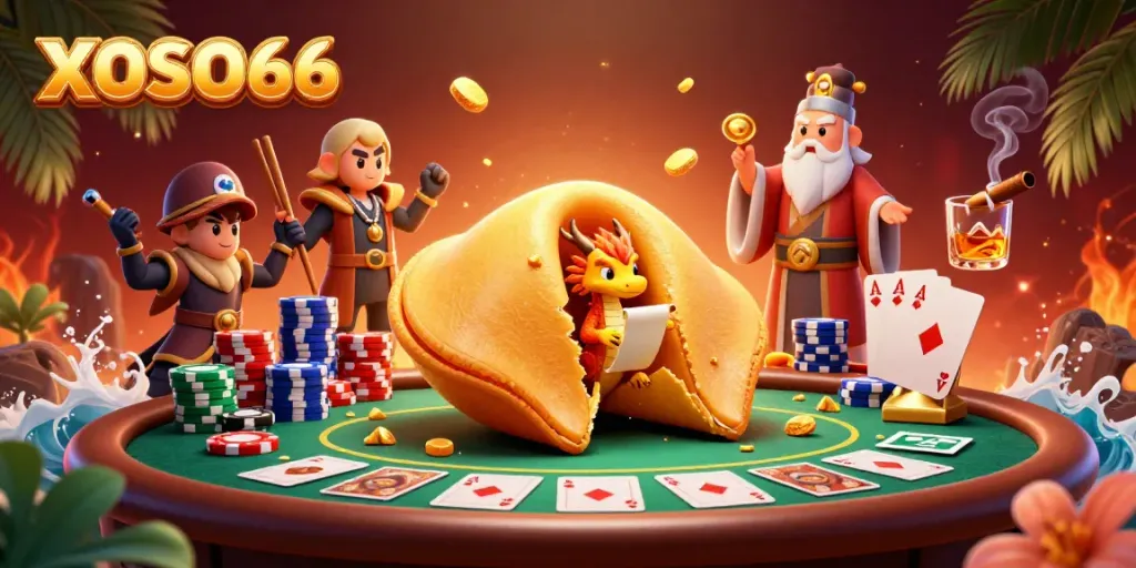 XOSO66 showcases a dynamic, magical casino scene filled with fortune symbols and poker excitement.