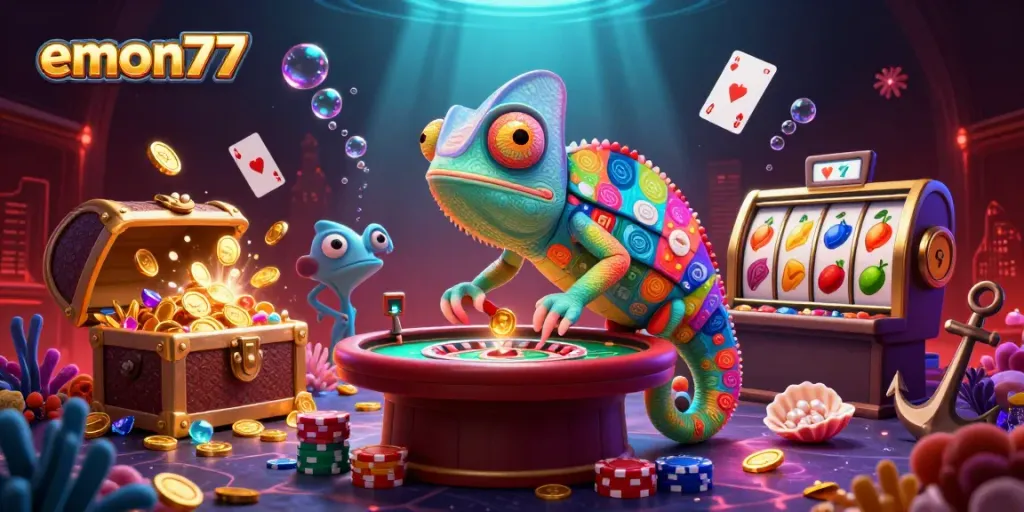 Experience the excitement of emon77 as a chameleon casino owner interacts with vibrant slot reels.