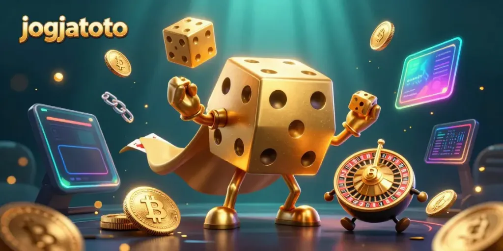 Play exciting games at jogjatoto with a vibrant scene featuring a whimsical dice golem.
