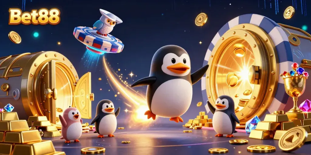 Bet88 penguin blasts off in a golden coin trail toward a poker chip-shaped casino hub.